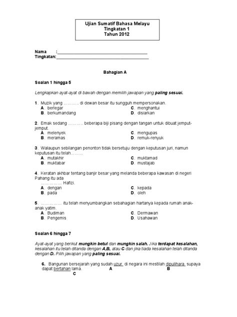 Contoh Soalan Objektif Bm Tingkatan 1 Image