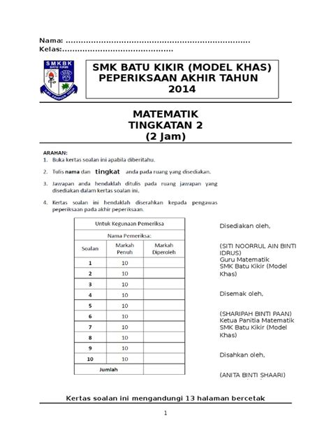 Format Soalan Matematik Tingkatan 2 Image